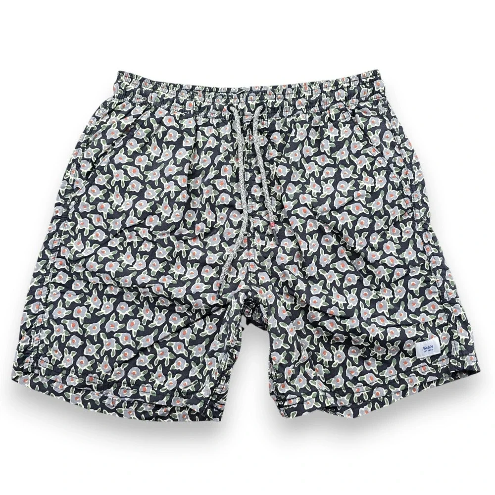 Katin Mens Small Floral Swim Trunks Navy Blue Mesh Liner Pockets 5.5